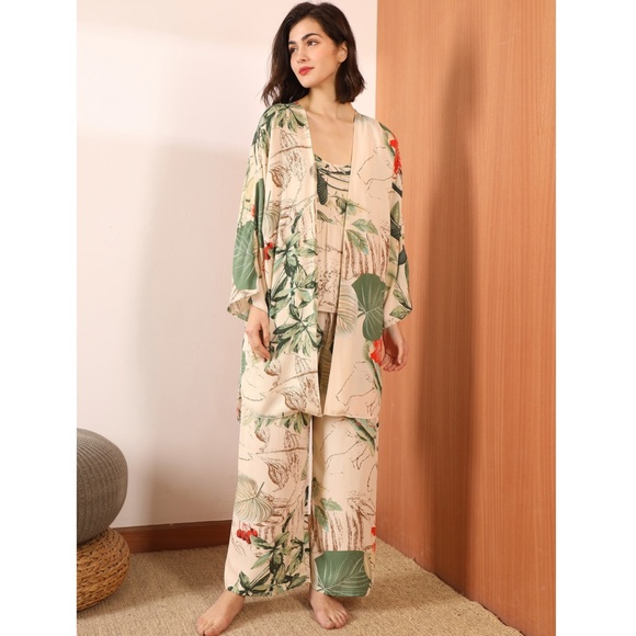 3 Piece Beige Green Floral Print Pajama Set - Picture 5 of 8